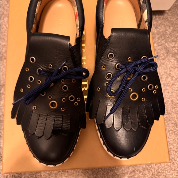 Burberry Black Leather Fringe Lace-Up Sneakers with Navy Laces - Picture 4 of 5